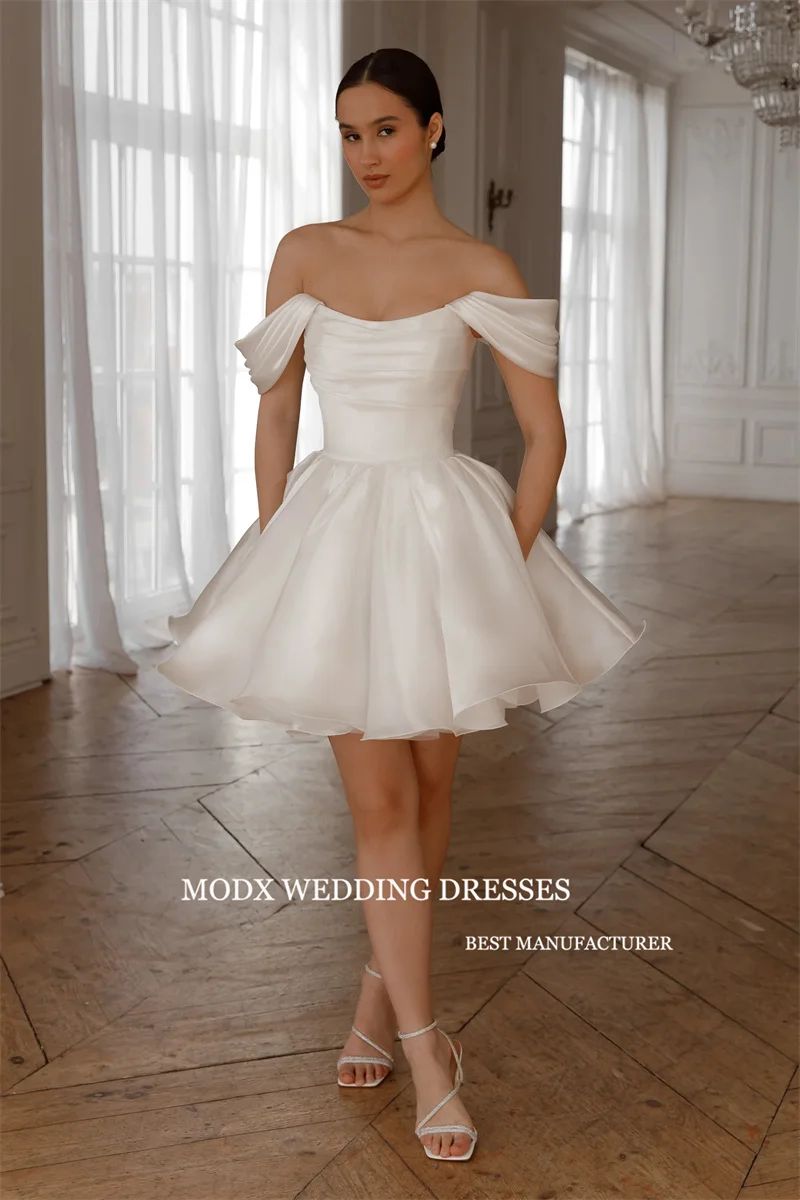 MODX فساتين قصيرة قصيرة على شكل حرف A بسيطة لحفلات الزفاف بدون أكتاف من الحرير الأورجانزا فساتين العروس مشد الظهر مقاس كبير لطيف مخصص