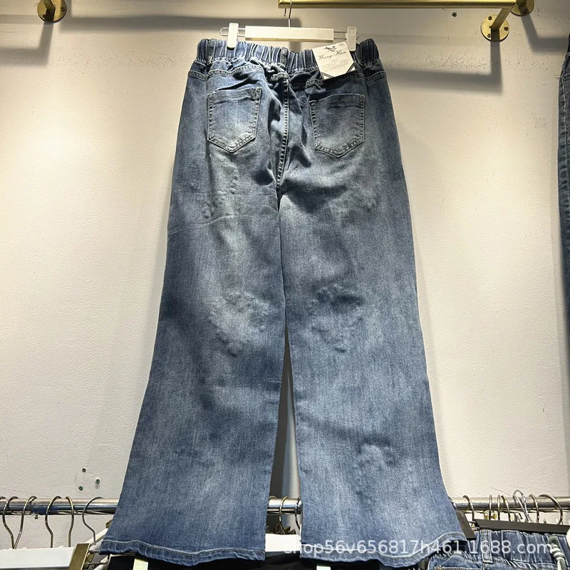 Fashion Lady New Spring Summer Long Denim Trousers Shiny Hot Drilling All-match Elastic Waist Floor-length Casual Straight Jeans