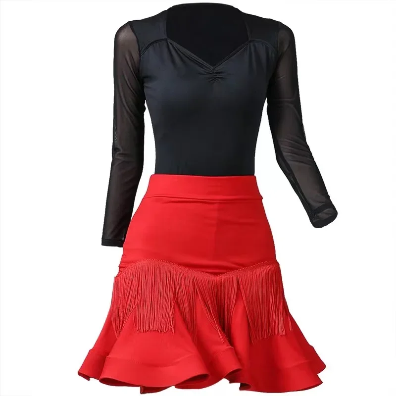 Women Latin Dance Skirts Ballroom Rumba Samba Tassels Dancewear Adult Training Stage Performance Fishbone Skirt Costumes