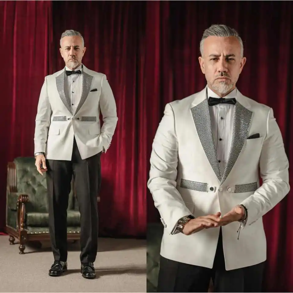 Gorgeous Wedding Tuxedos Beaded 2 Piece Set Jacket Pant Men Suit Notched Lapel Single Breasted Groom Business Blazers Customized