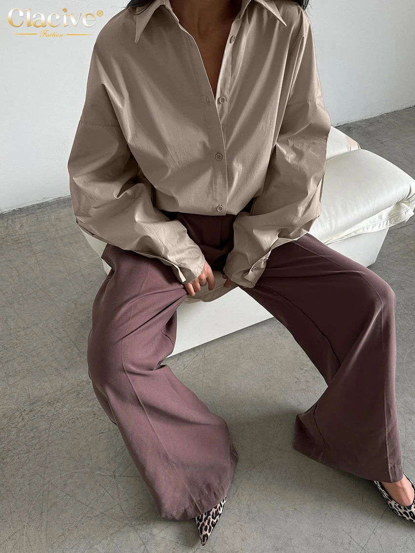 Clacive Fashion Loose Khaki Women's Blouse 2025 Casual Lapel Long Sleeve Shirt Elegant Classic Solid Top Female Clothing