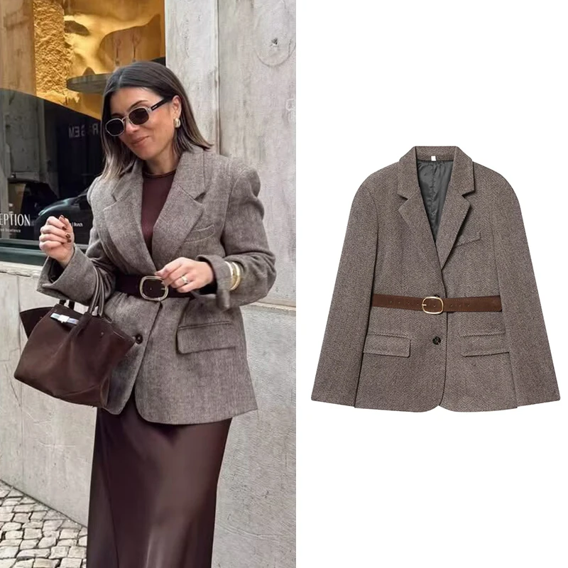 

Женские пиджаки, пальто, осенне-зимняя мода с поясом, отложным воротником, пиджаки с длинными рукавами, женская верхняя одежда, шикарные топы