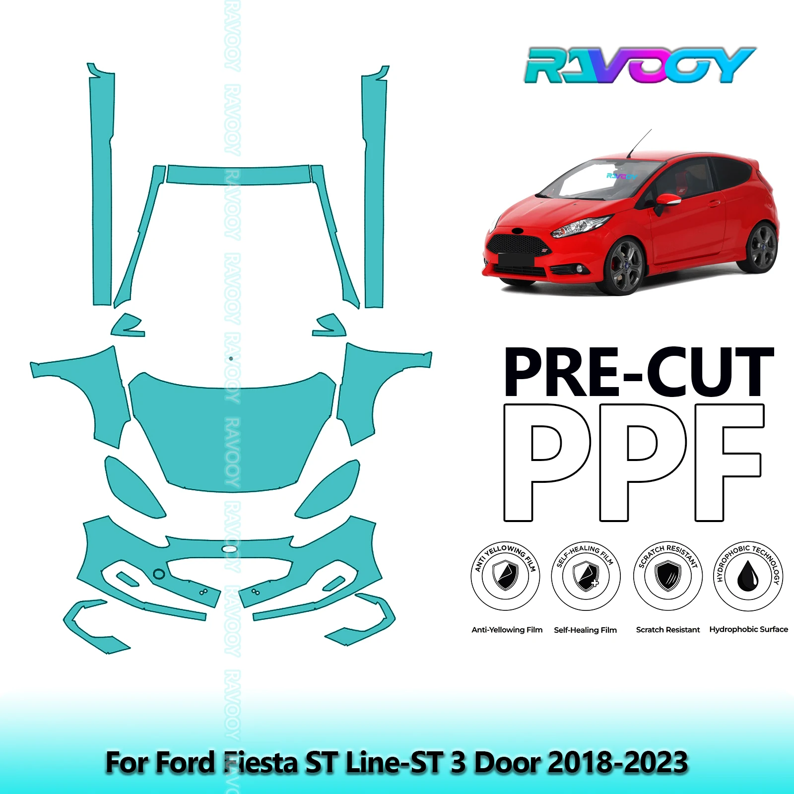 

8.5Mil Precut Paint Protection Film PPF Clear Bra Front Kit+Rockers For Ford Fiesta ST Line-ST 3 Door 2018-2023