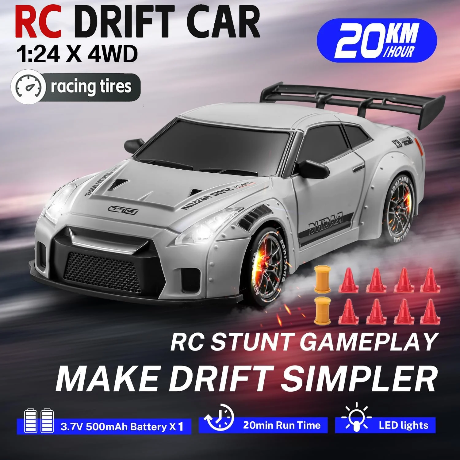 ترقية جديدة لسيارات 4WD Rc 1:24 سيارات دريفت RC متناسبة بالكامل 20+KM/H سيارات بتحكم عن بعد مع إطارات دريفت وأضواء LED ألعاب