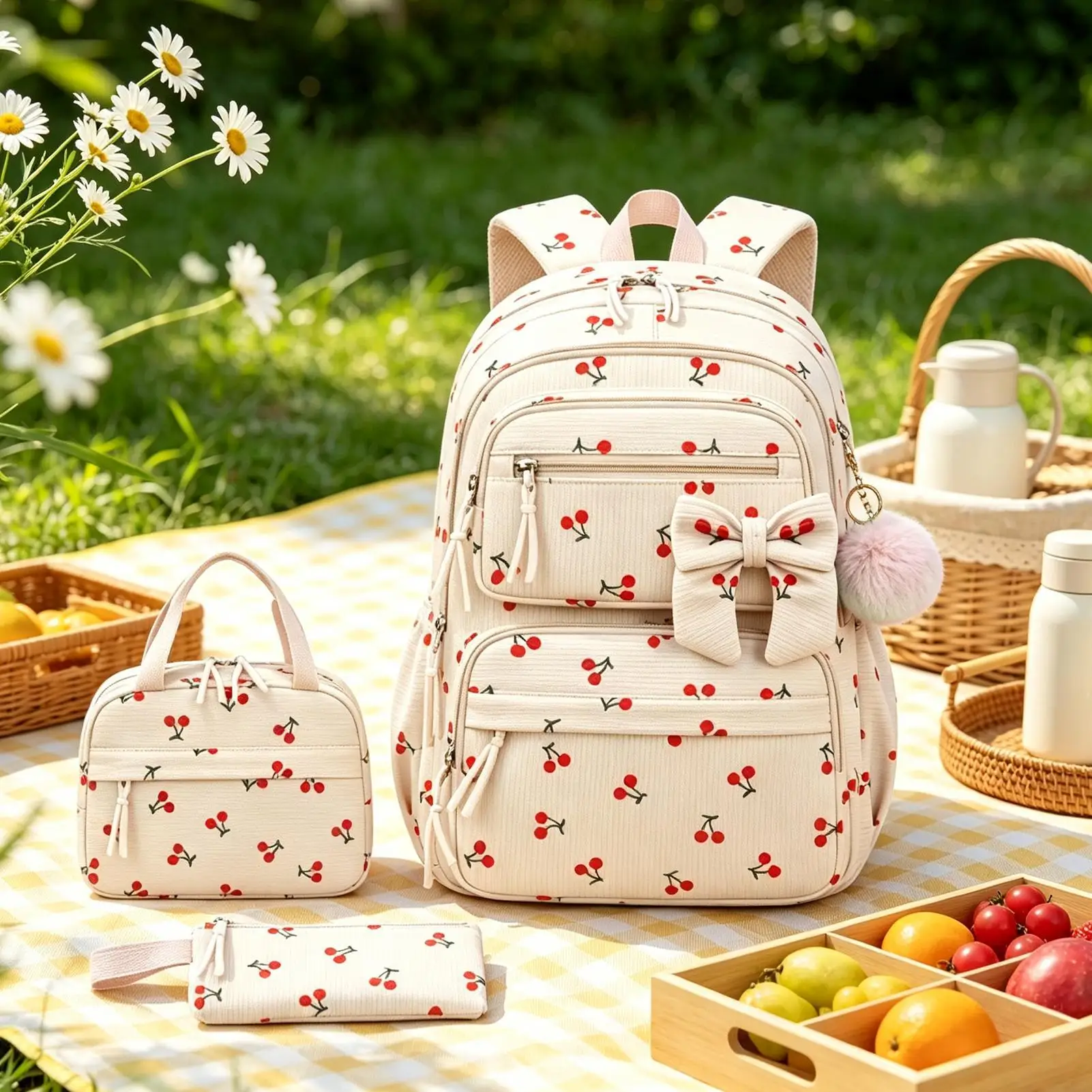 3PCS set Cartoon Backpack,lunch Bag,Pencil Case Set Large Capacity Bow-knot Schoolbag Set Corduroy Material Lightweight