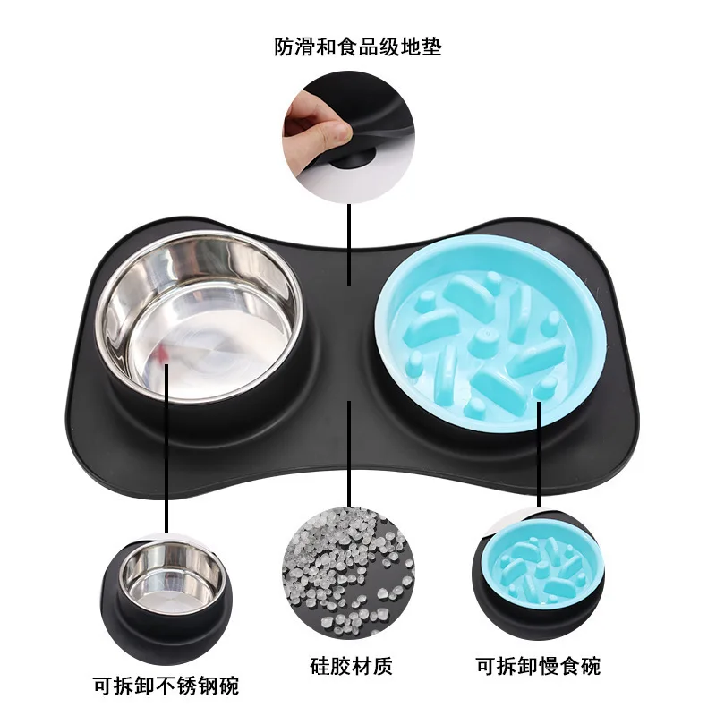 

Pet Slow Feeder Bowl Stainless Steel Anti-Spill Drinking Water Cat Pet Supplies Silicone Dog