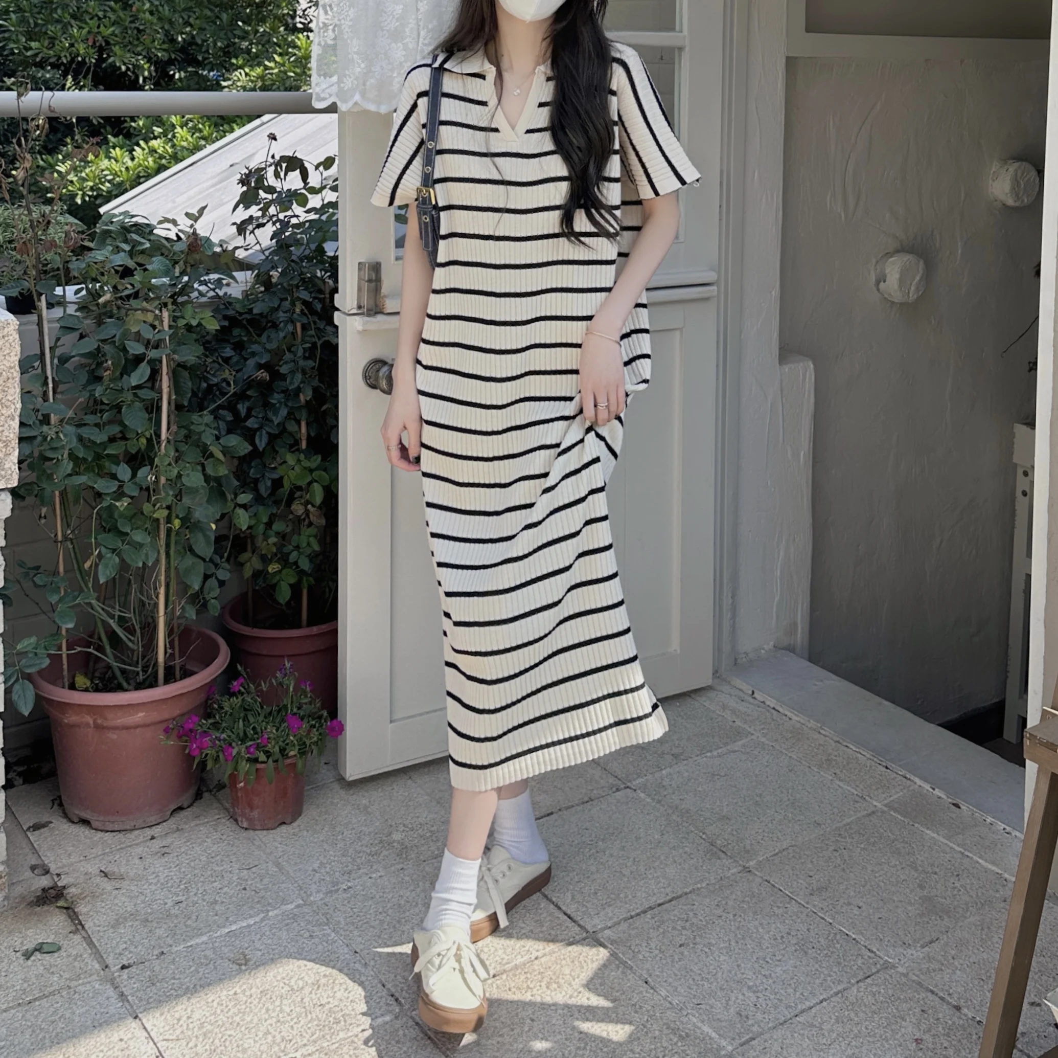 2024 Loose Striped T Shirt Dress Women Korean Casual Midi Simple Casual Korean Short Sleeve Hollow Cotton Dress