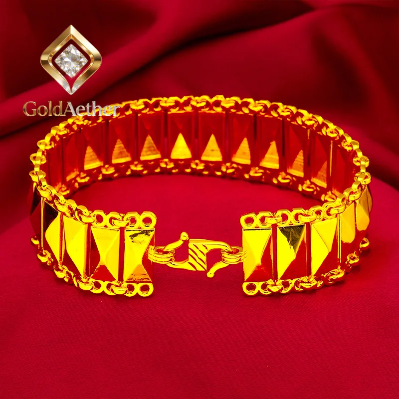 

GoldNouveau Rhombus Wide Edge S-Clasp Bracelet Men's 24K Gold AU999 - Wide band fits wrist well, no tightness, for all-day comfo