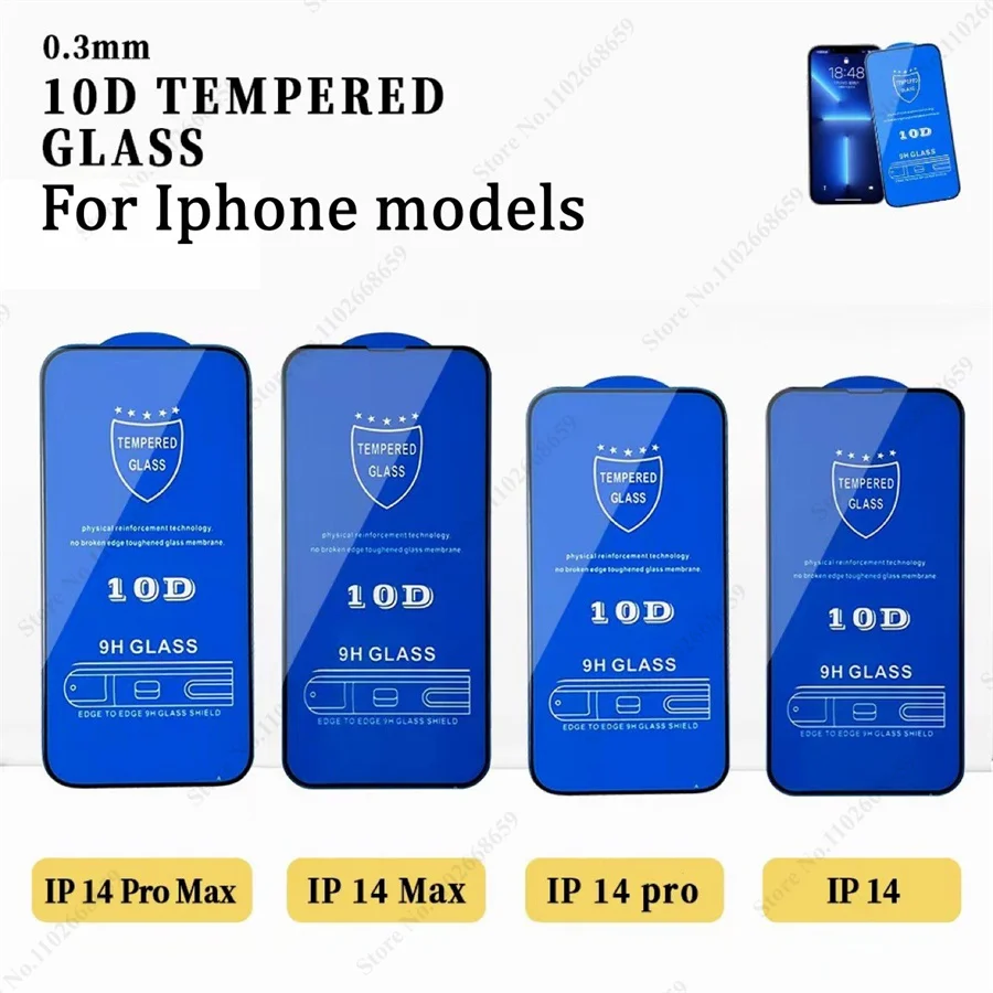 500pcs 10D Screen Protector For iPhone 14 13 12 11 Pro Max XS X 8 7 6S Plus SE Full Coverage Cover Curved Tempered Glass Film