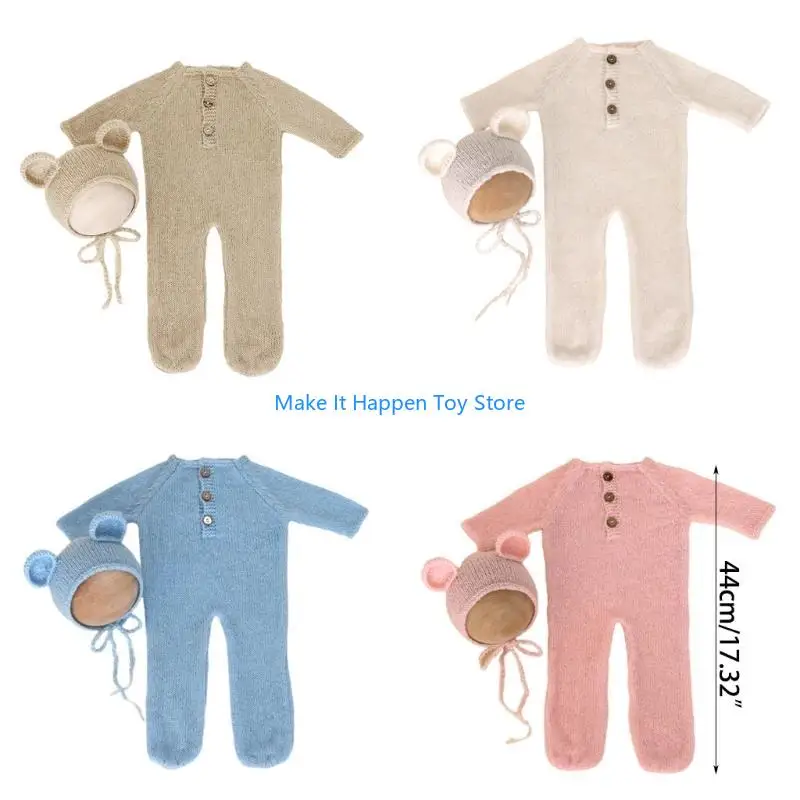 28EC 유아 Photostudio 소품 곰 의상 Romper 비니 모자 사진 정장 샤워 선물