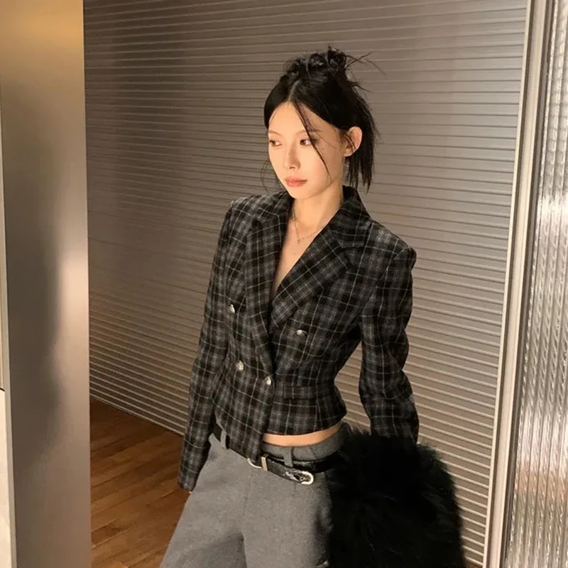 Vintage Plaid Cropped Blazers Women England Elegant Office Lady Slim Fit Suit Jacket Autumn Long Sleeve Button Asymmetry Coats