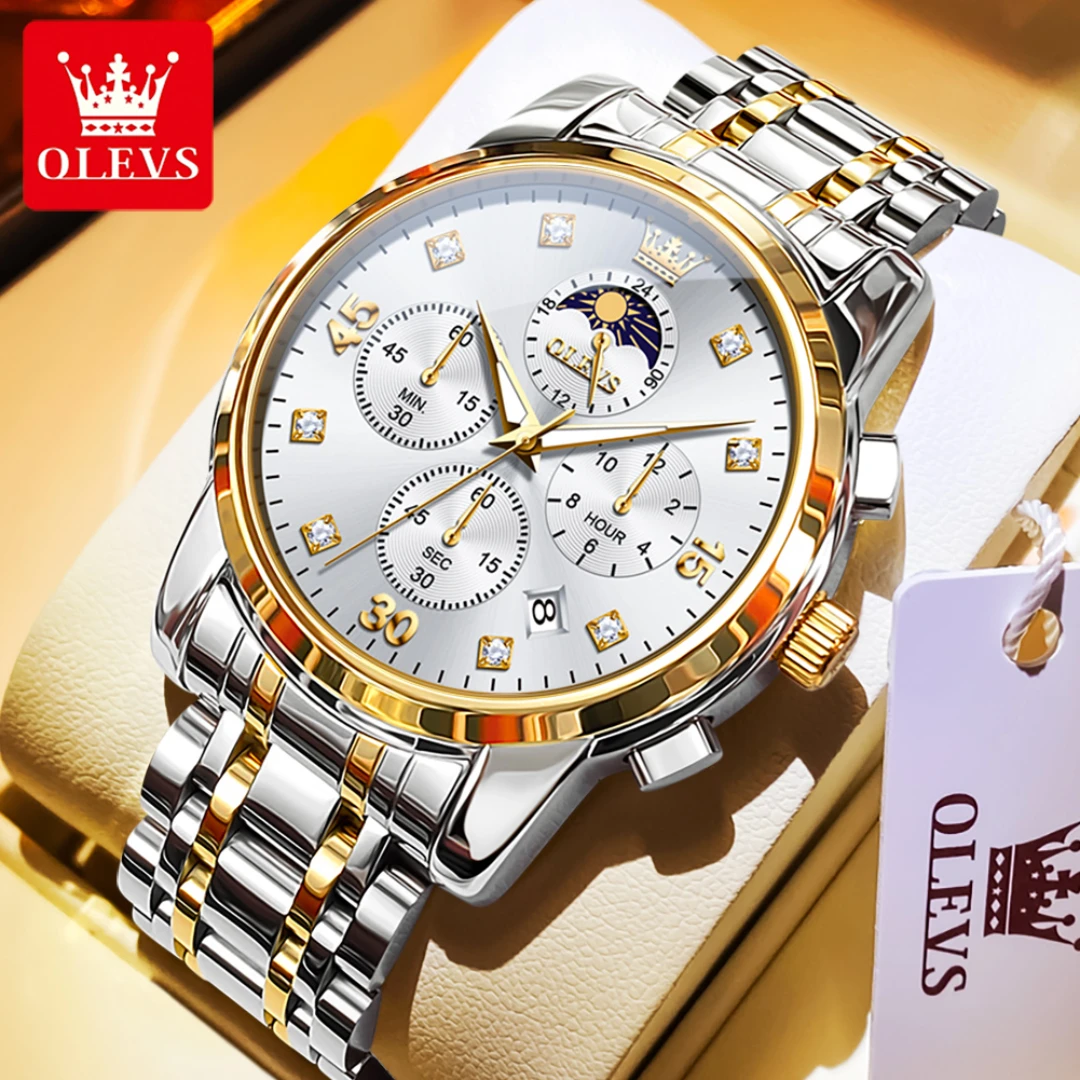 OLEVS 3652 Fashion Quartz Watch Gift Round-dial Stainless Steel Watchband Wristwatch Chronograph Luminous Small second