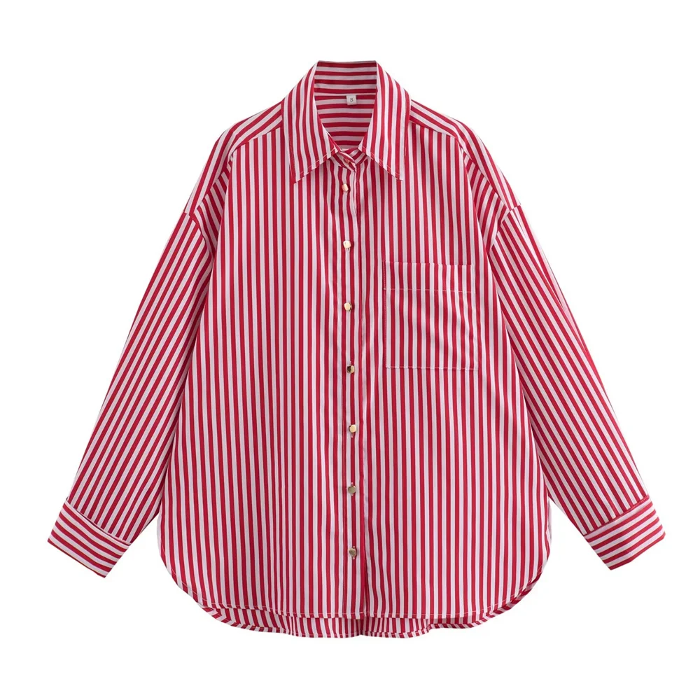 PB&ZA 2024 Women\'s Summer European and American Style Casual Versatile Curled Cuff Red Stripe Loose Shirt