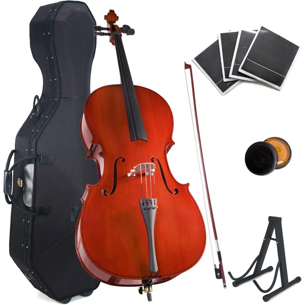 Student Cello with Hard & Soft Case, Stand, Bow, Rosin, Bridge and Extra Set of Strings Size 4/4 (Full Size) Cello