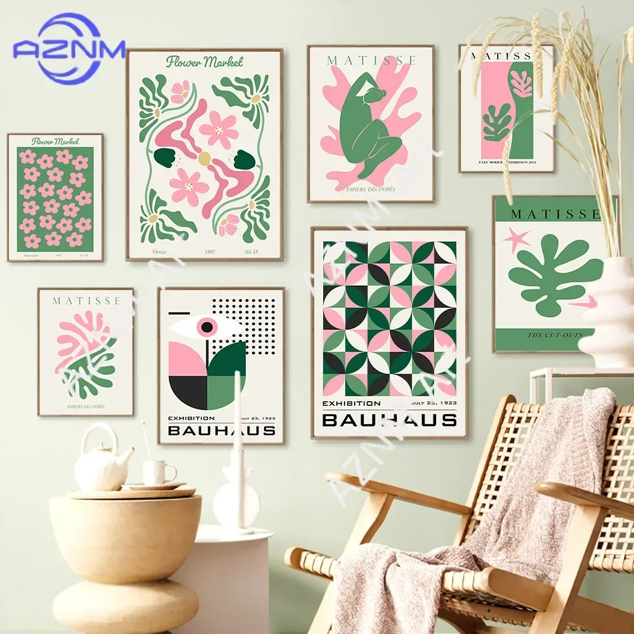 Bauhaus Matisse Flower Market Rosa Grüne Poster und Drucke, Korallen-Wandkunst, Leinwandgemälde für Wohnzimmer, dekorative Bilder