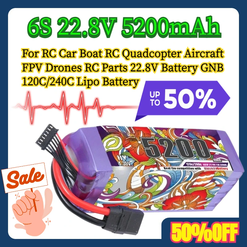 

For RC Car Boat RC Quadcopter Aircraft FPV Drones RC Parts 22.8V Battery GNB 6S 22.8V 5200mAh 120C/240C Lipo Battery