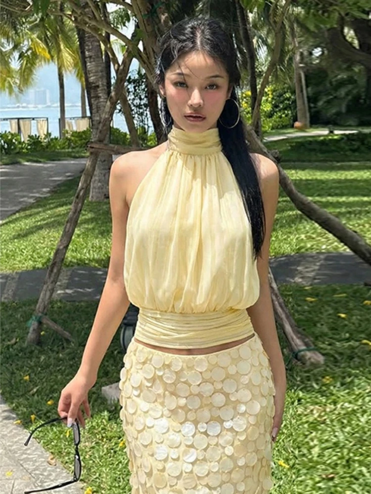 

Tsiisd Summer Sexy Backless Tank Crop Top Lace-Up Streetwear Sleeveless Fashion Solid Bandage Tops Y2k Top Women Vest Tank Top