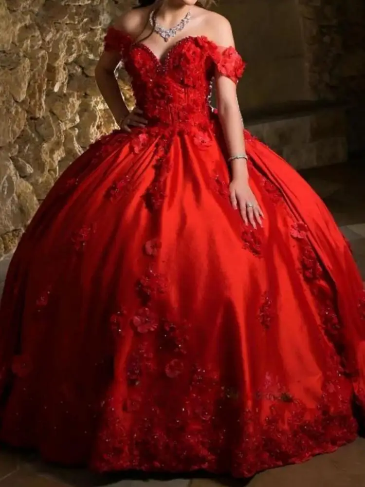 Customized Red Women Prom Dresses Cap Sleeve 3D Flower Satin Ball Gown Skirt Vestido De 15 16 Quinceanera Formal Party Dress