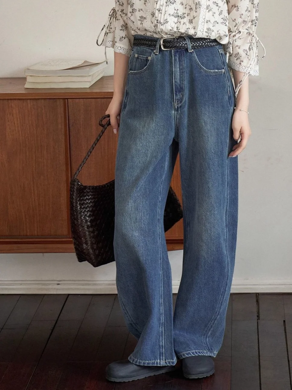Women Spring Autumn Loose Straight Leg Pants Curved Wide Leg Jeans