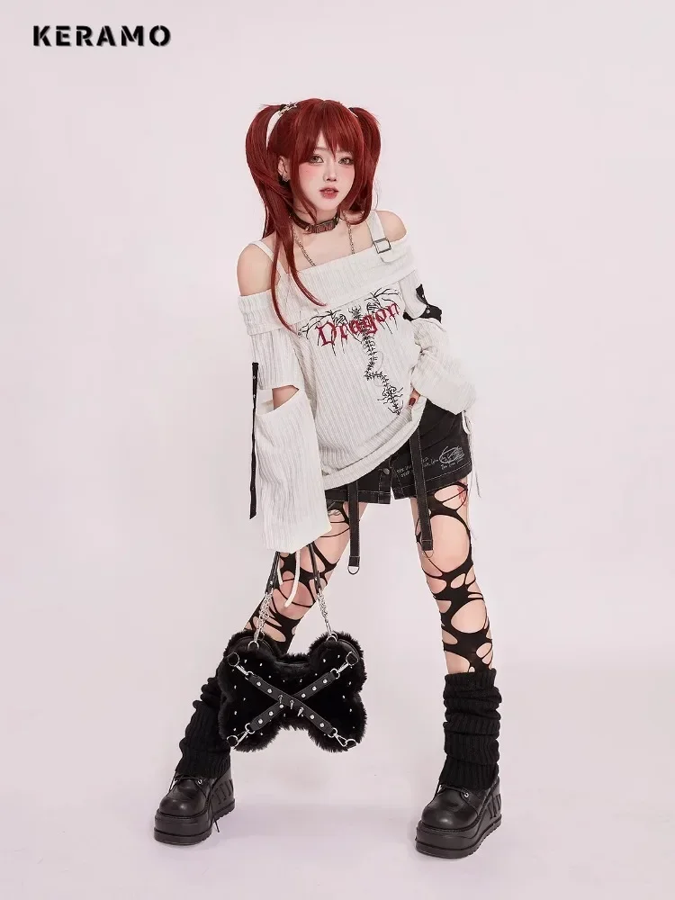 Casual Oversized Hollow Out Suspender Jumpers Hotsweet Knit Long Sleeve Gyaru Pullovers Women Y2K Coquette Print Sexy Sweater