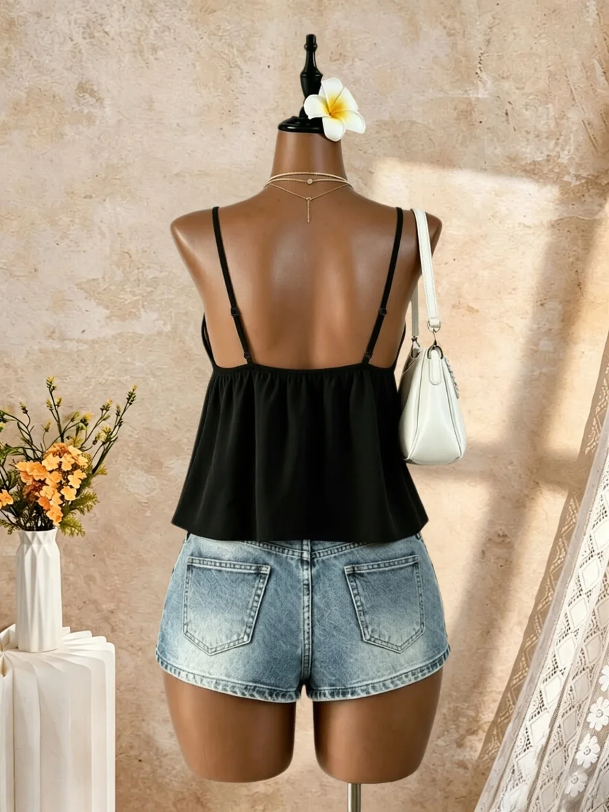 Women V Neck Spaghetti Strap Front Tie Ruched Waist Flared Peplum Cami Top 2026 Summer Y2K Solid Black Casual Beach Vacation Loo