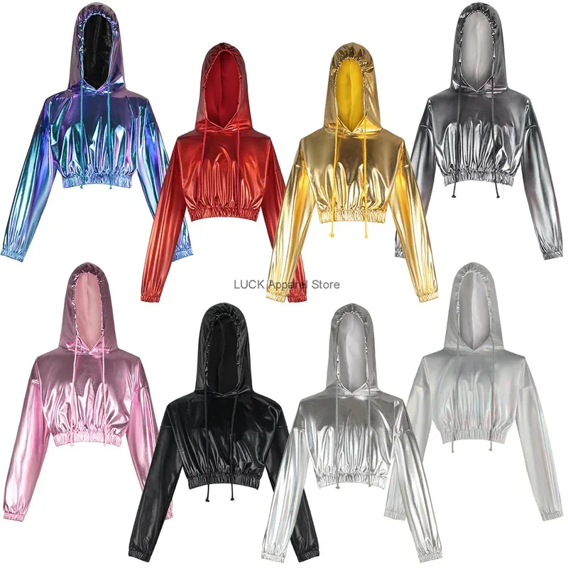 

Colorful Laser Hot Stamping Hoodie Cosplay Shiny Leather Sexy Exposed Navel Hooded Long Sleeved Pullover Cosplay Performance