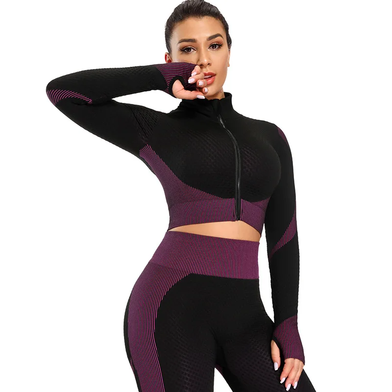 3 Stück lebens wichtige nahtlose Yoga-Set Frauen Fitness studio Trainings kleidung Sport-BH Langarm Fitness Crop Top Leggings Sporta nzüge