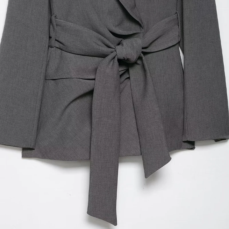 سترة Willshela للسيدات مع وسادة رمادية برباط علوي عتيقة برقبة مدببة وأكمام طويلة ملابس نسائية أنيقة