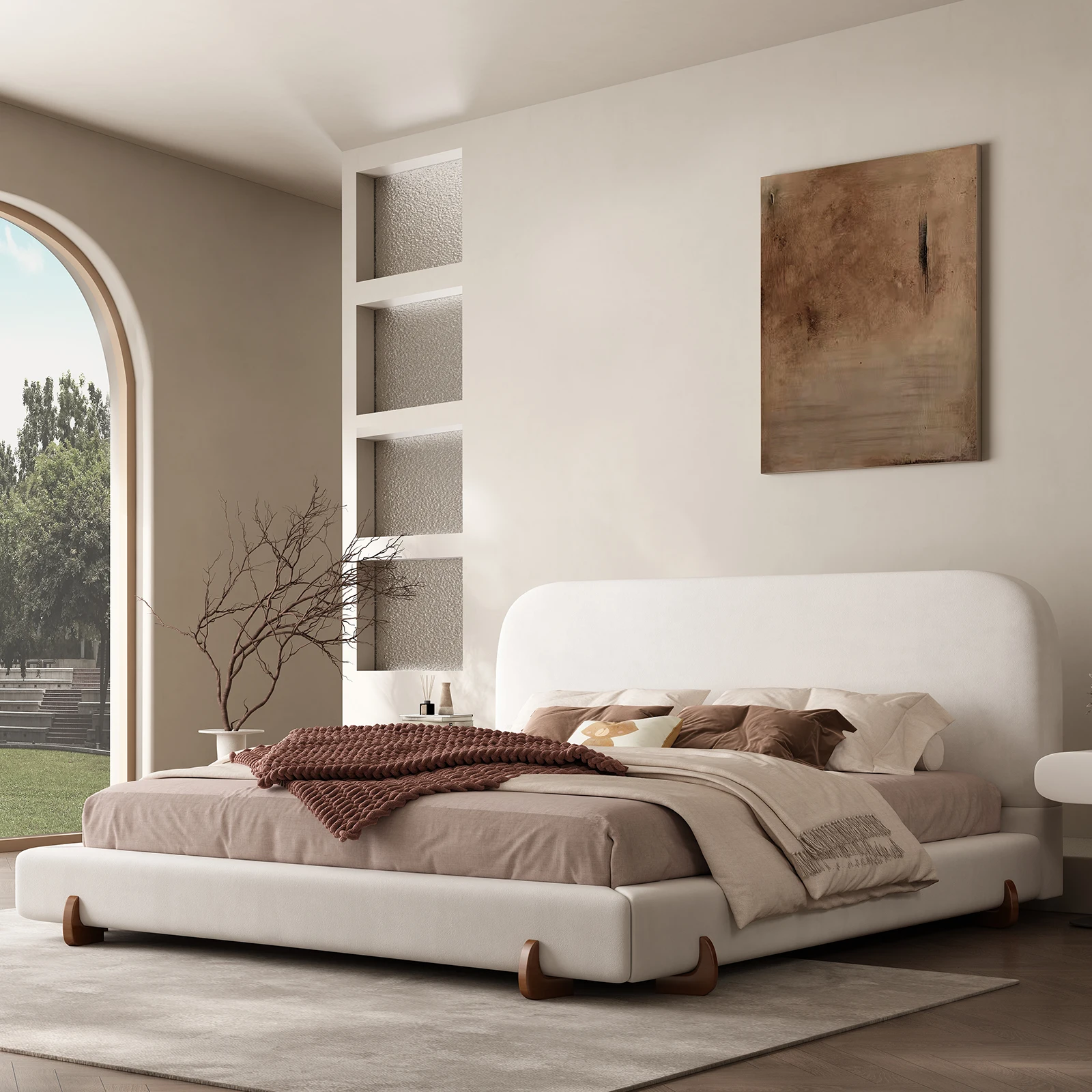 King/ California King Size Bed Frame Featuring a Boucle Upholstered Curved Headboard, Solid Base & Legs,No Box Spring Needed