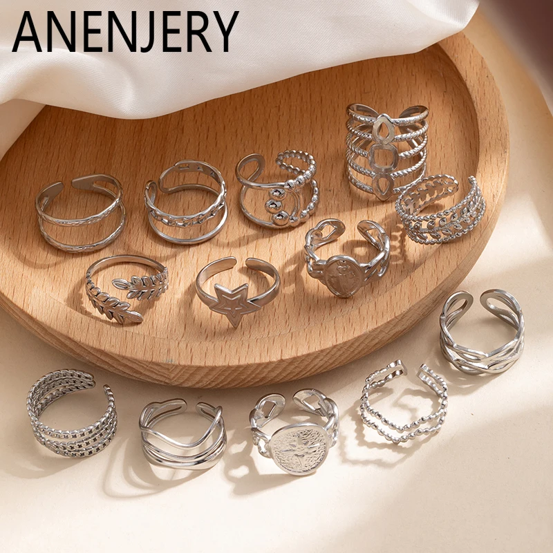 ANENJERY 316L Stainless Steel Star Line Multi Layer Leaf Open Ring for Women Men Vintage Special Jewelry Gifts Wholesale