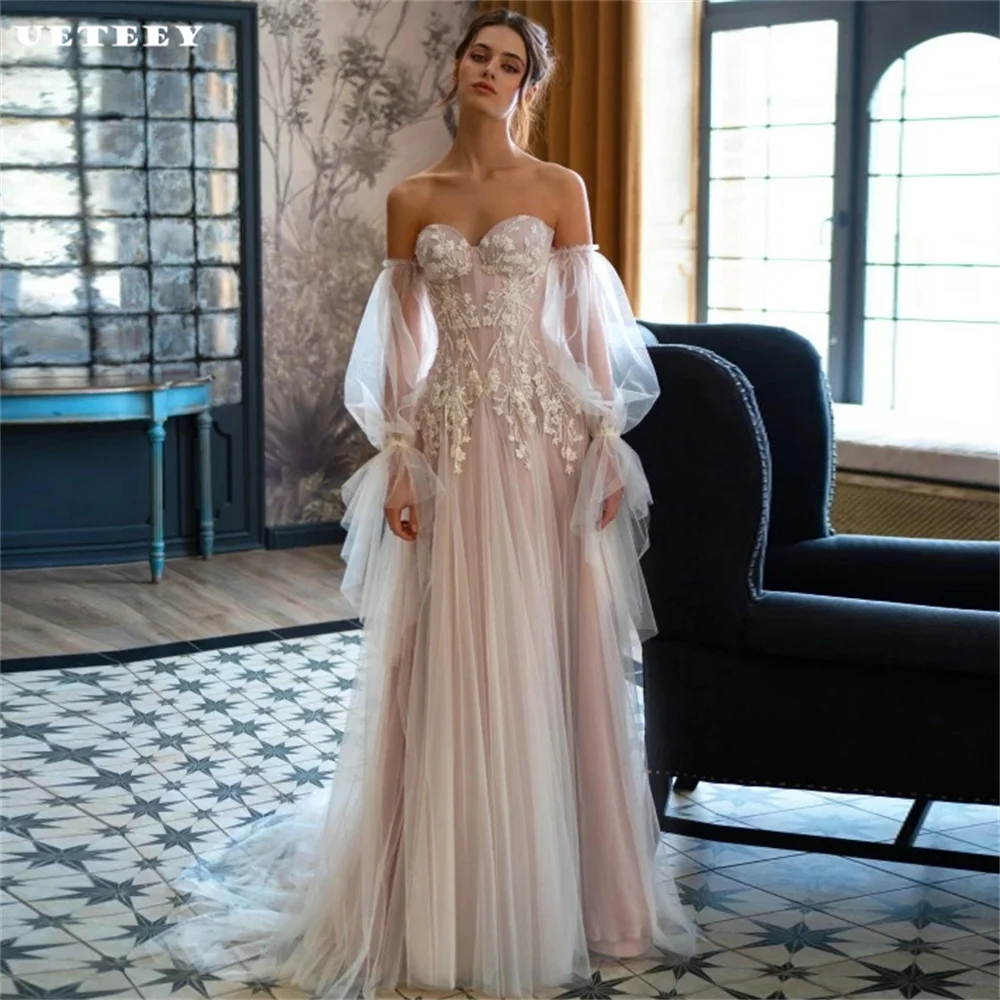 

UETEEY Customized Boho Puff Sleeves Appliques A Line Wedding Dress Lace Up Back Floor Length Bridal Gown vestidos de novia