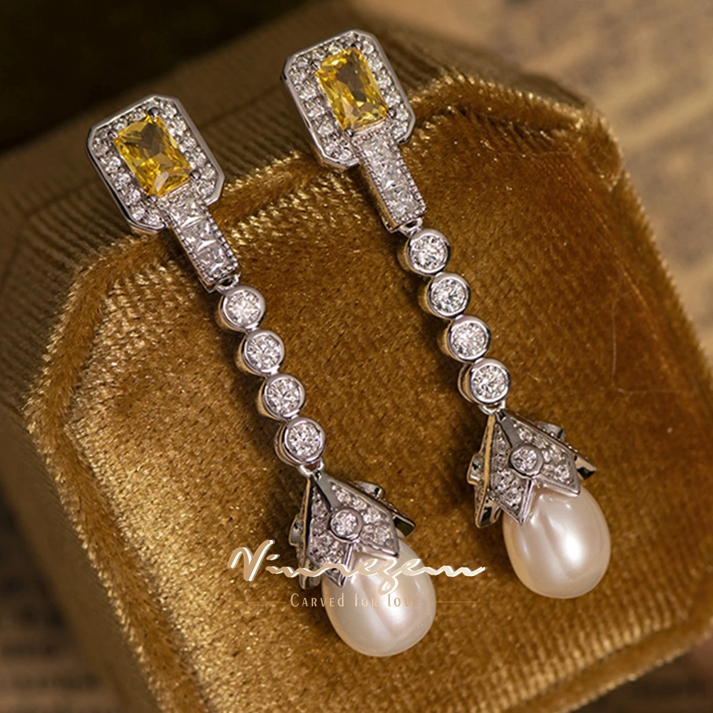 

Vinregem Natural Pearl Citrine High Carbon Diamond Gemstone Vintage Drop Earrings 925 Sterling Silver Jewelry Anniversary Gifts