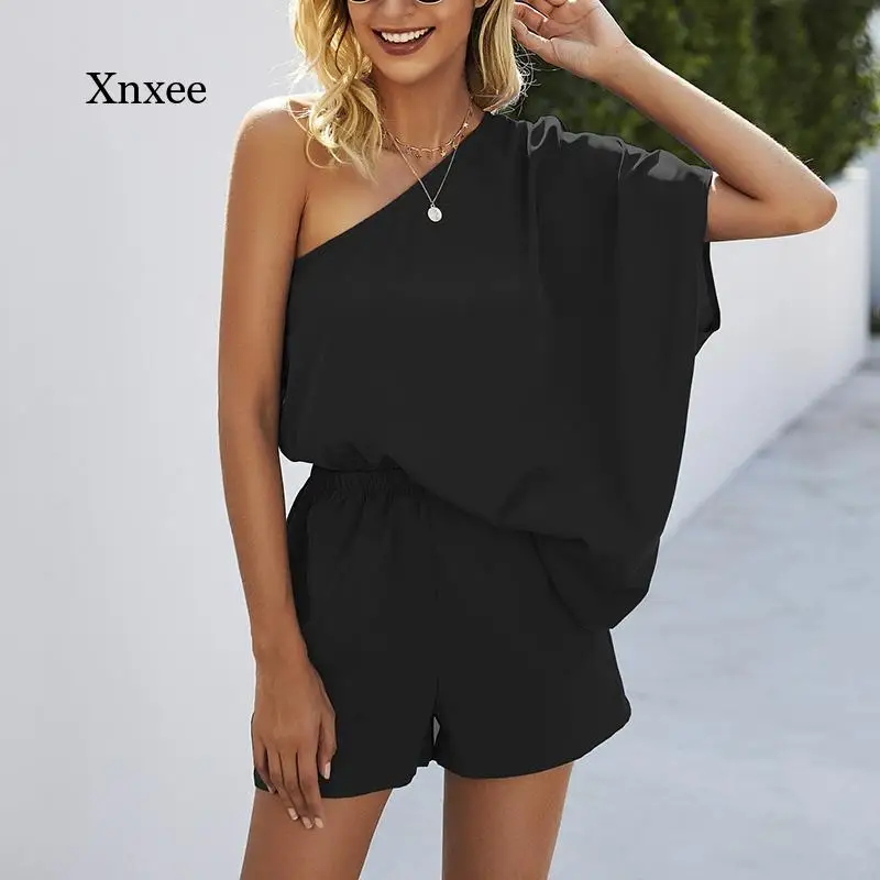 

Sexy One Shoulder Office Lady Jumpsuit 2022 Summer Fashion Elegant Solid Short Rompers Women Casual Loose Overalls Streetwears