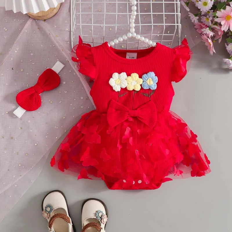 0–18 Months Baby Girl Clothing 2Piece Outfits Summer Sweet 3D Floral Jumpsuit Butterfly Skirts+ Headband Newborn Set