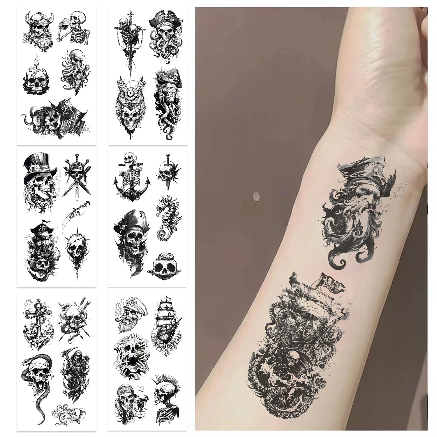 10 pçs/set novo esqueleto crânio tatuagens temporárias adesivo tatuagem falsa braço arte corporal lavável fontes de festa favores