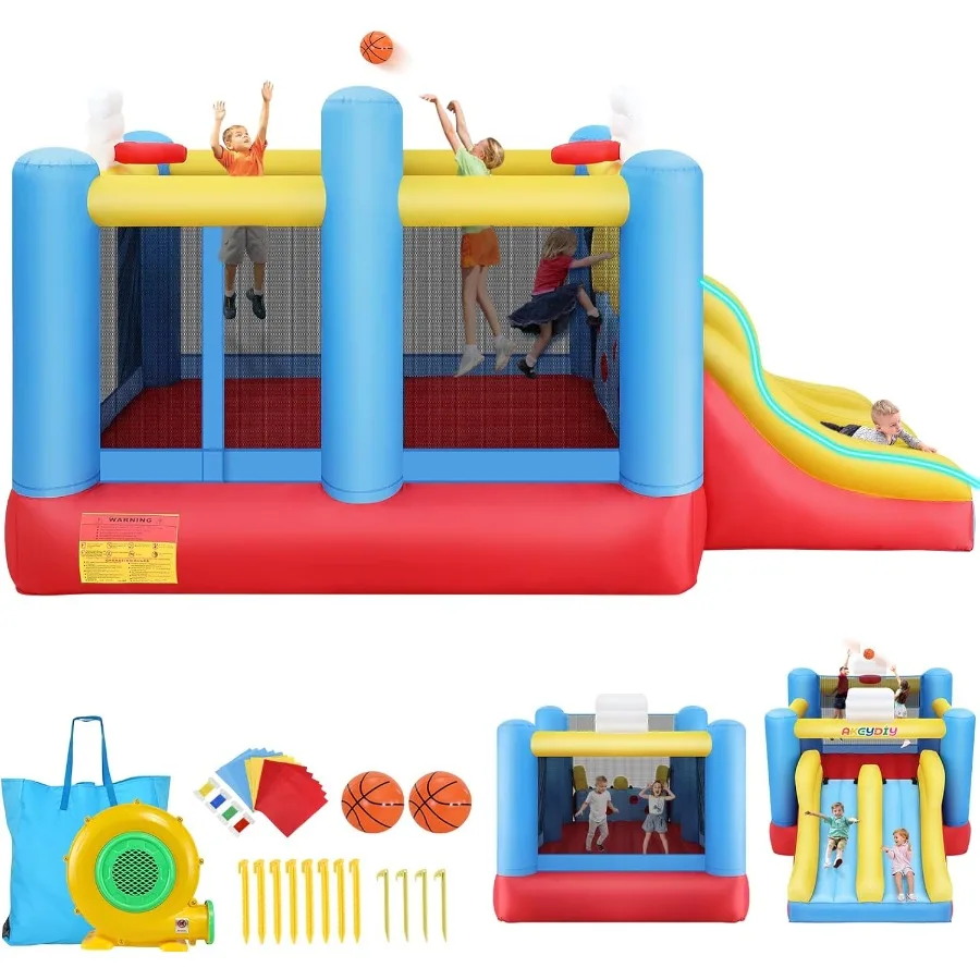 Opblaasbaar springhuis voor kinderen van 3-10, met ventilator, 15x7,8x7,5 ft springkasteel met groot springgedeelte, dubbele glijbanen, 2 basketbal