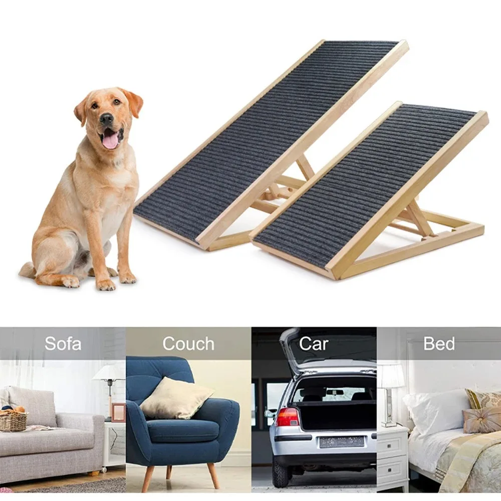 

Wooden Dog Ramp 2 Levels Height Adjustable Folding Portable Pet Cat Ladder Non Slip for Indoor Sofa Dog Stairs