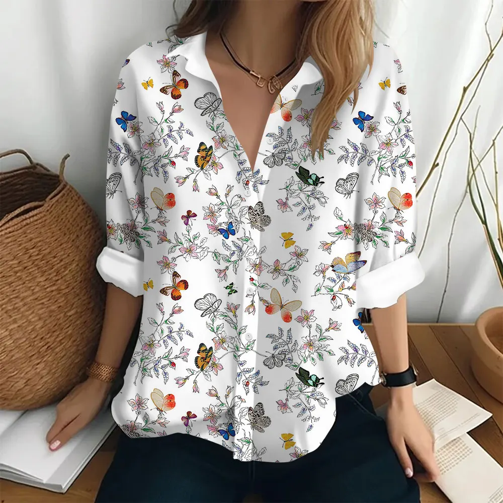 Women\'s Shirt Fashionable Long Sleeved Shirt Butterfly Pattern Flower Print Clothing Loose Button Shirt Women\'s Elegant T-shirt