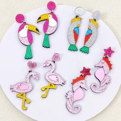 KUGUYS Birds Sea Horse Glitter Funky Dangling Earrings for Women Parrot Acrylic Summer Designer Jewelry Accessories