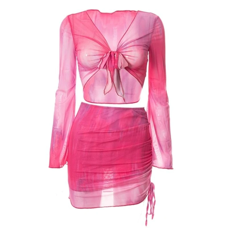 Donna 2 pezzi Tie-Dye Mesh Cover Up manica lunga Crop Top e minigonna arricciata Set H7EF