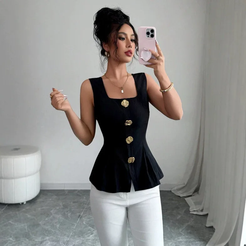 Women's Black V-neck Waist-cinching Vest With Camellia Metal Buckle Decoration, Sleeveless Top Summer Dresses 2026 Y2k、 Party