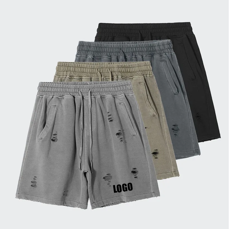 Customized LOGO Men's Heavy 100% Cotton High Street Wind Wash Old Loose Cut Couple Retro Shorts
