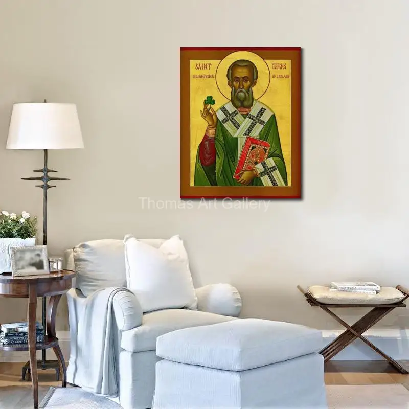 Greek Orthodox St. Patrick of Ireland Icon HD Canvas Print with Shamrock and Snake Byzantine Art for Home Altar Blessing Gift