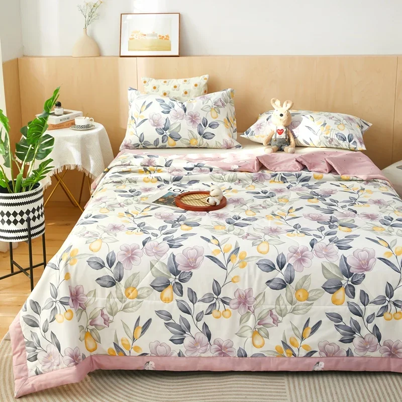 Flowers Style Summer Quilted Quilt 100% Cotton Fluffy Air Condition Thin Quilt Soft Comfortable Thin Blanket Machine Washable