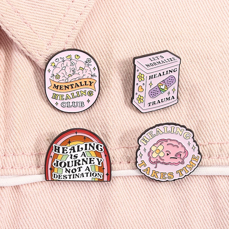 Mental Health Inspirational Quote Enamel Pins Mentally Healing Club Healing Takes Time Funny Brain Band-aids Badge Jewelry Gifts