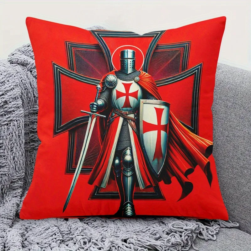 1pc Templar Knight Crusader Red Cross Throw Pillow Cover 2D Double-Side Print Polyester Cushion Case for Home Sofa Medieval Fan