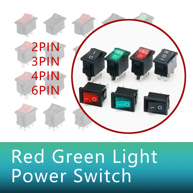 

100pcs KCD1 Boat Rocker Switch 4Pin 2Pin 3Pin 21*15mm ON-OFF Black 6A/250V 10A/125V AC With Red Green Light Switch