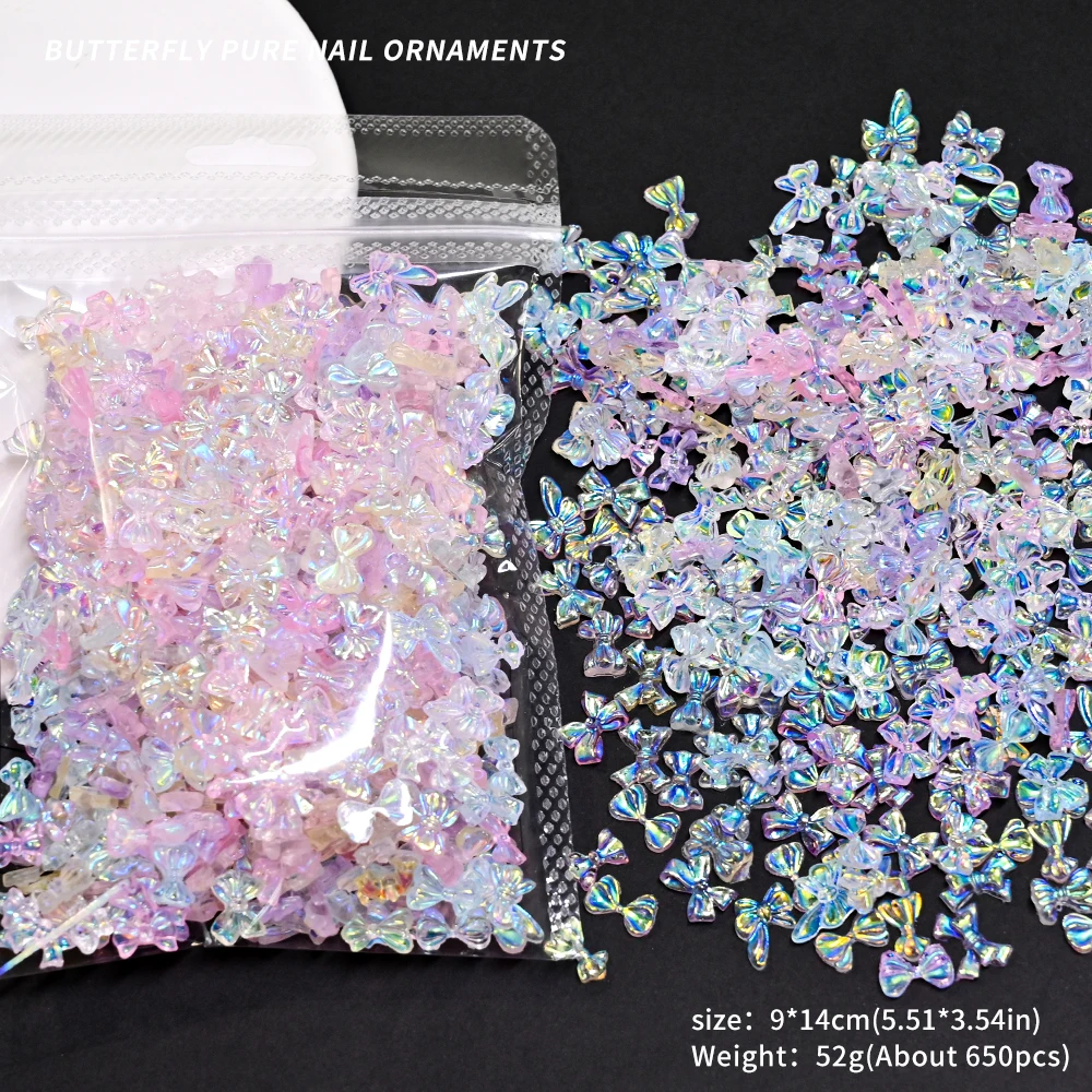 500-650pcs Mixed Aurora Bowknot Heart Nail Art Rhinestones 50g/bag Resin 3D Aurora Ribbon Bow Jewelry Charms Manicure Decoration