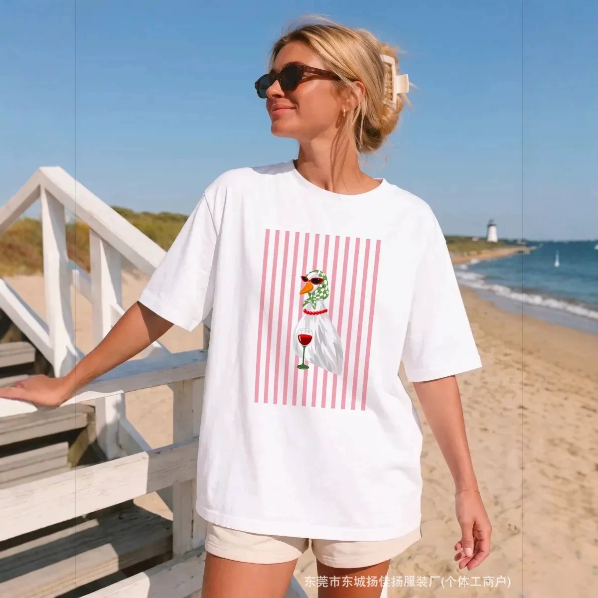Sweet Funny Cool Duck Wine Print Cotton T Shirt Women Cute Graphic Oversized Loose Summer Beach Vacation Casual Short Sleeve Top