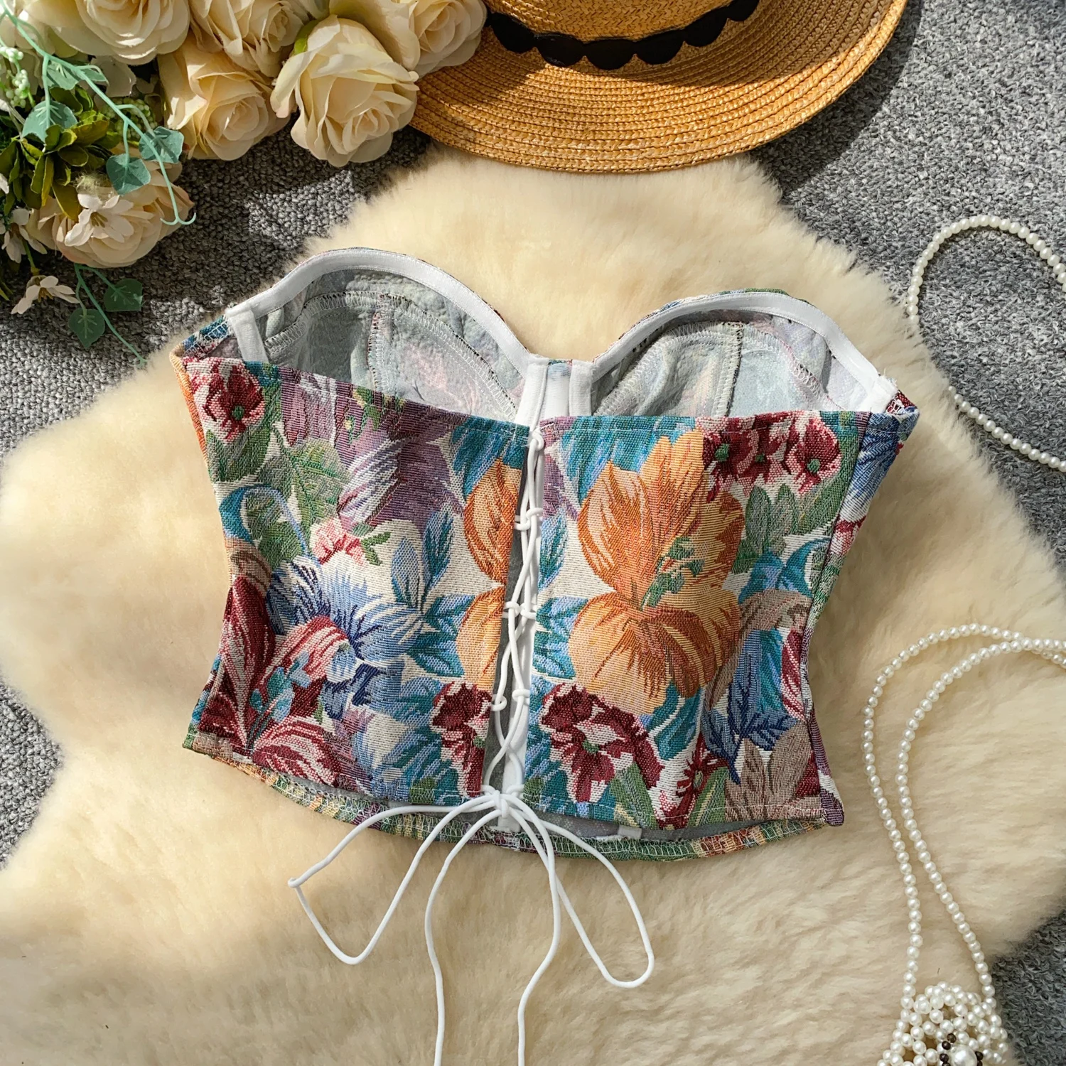 Sexy jacquard Corset Draw String Chic Korean Camis Tank Top Basic Fashion Off Shoulder Summer Women Clothing
